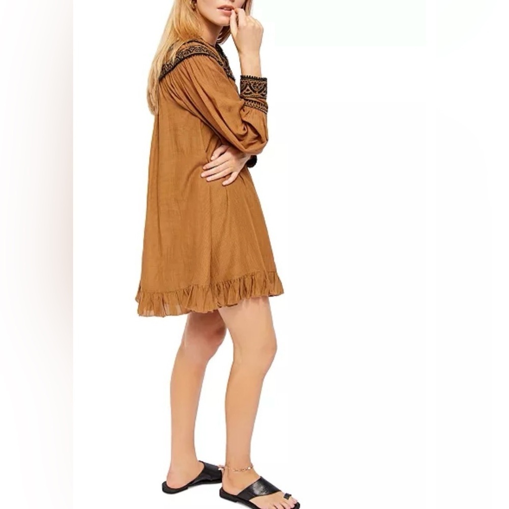 Free People Chestnut Embroidered Erin Peasant Dress Size Medium - Picture 6 of 14